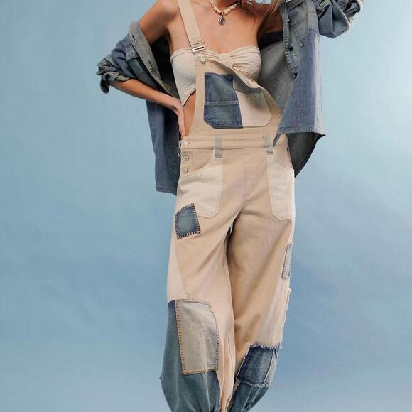 Free People – Bittersweet Embroidered Overalls – Patchwork Tan/Denim – Size M - Picture 2 of 4